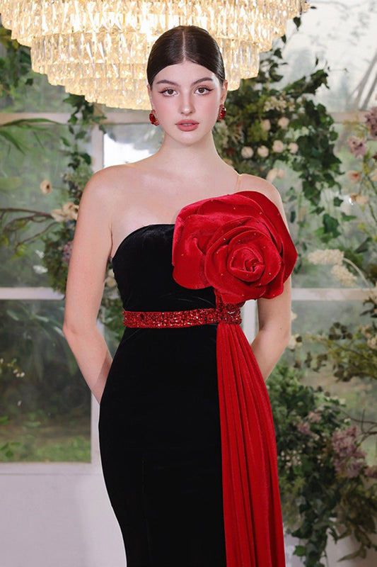 Glamour Strapless Flower Applique Velvet Floor Length Dress