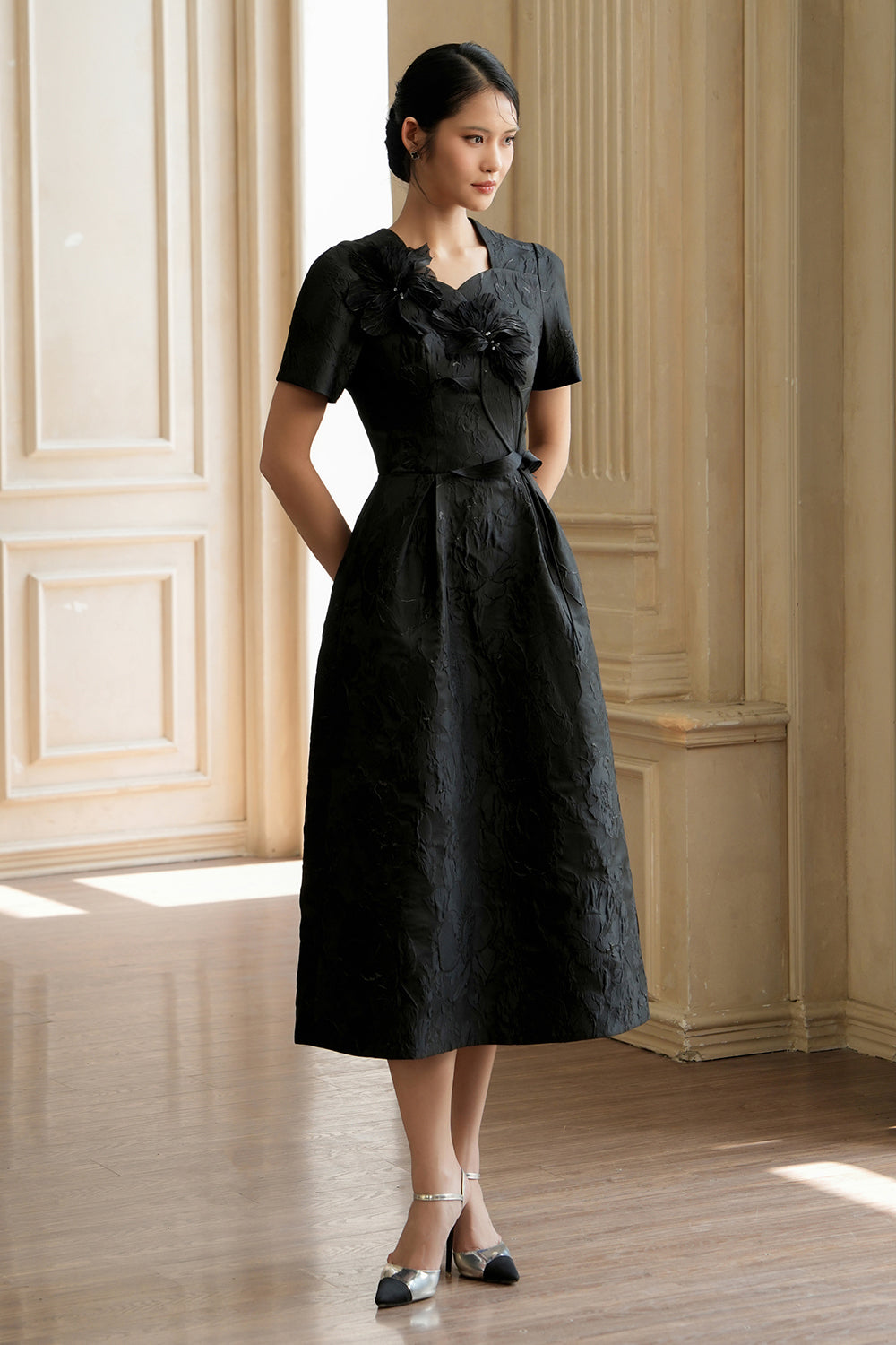 Noa A-line Curved Neck Jacquard Midi Dress