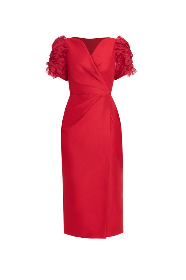 Crimson Sheath V-Neck Taffeta Midi Dress
