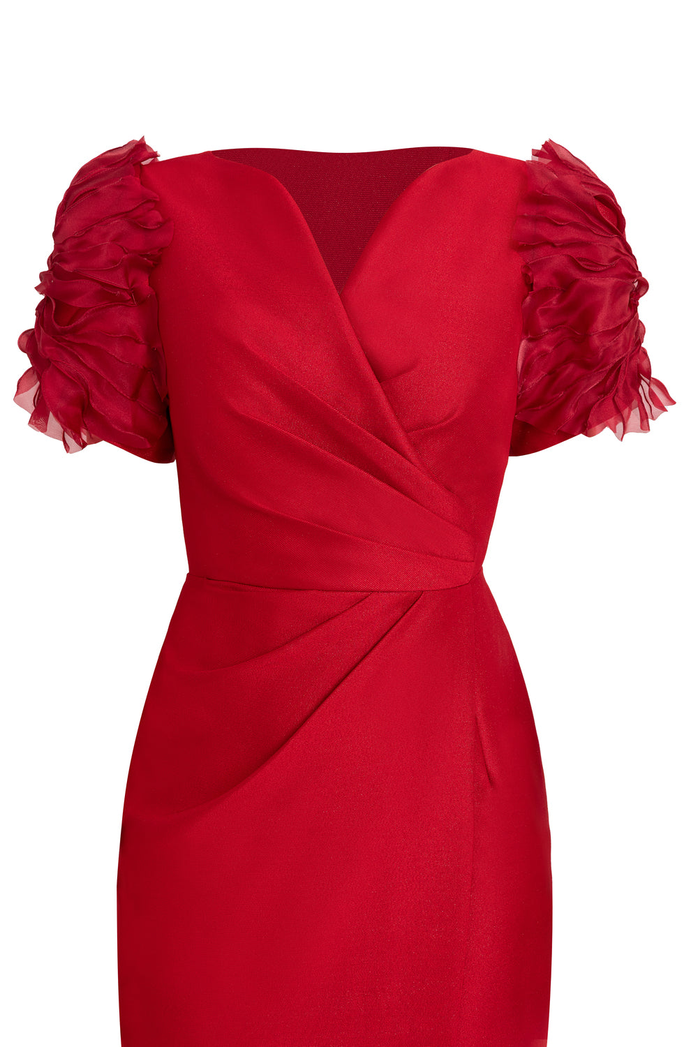 Crimson Sheath V-Neck Taffeta Midi Dress