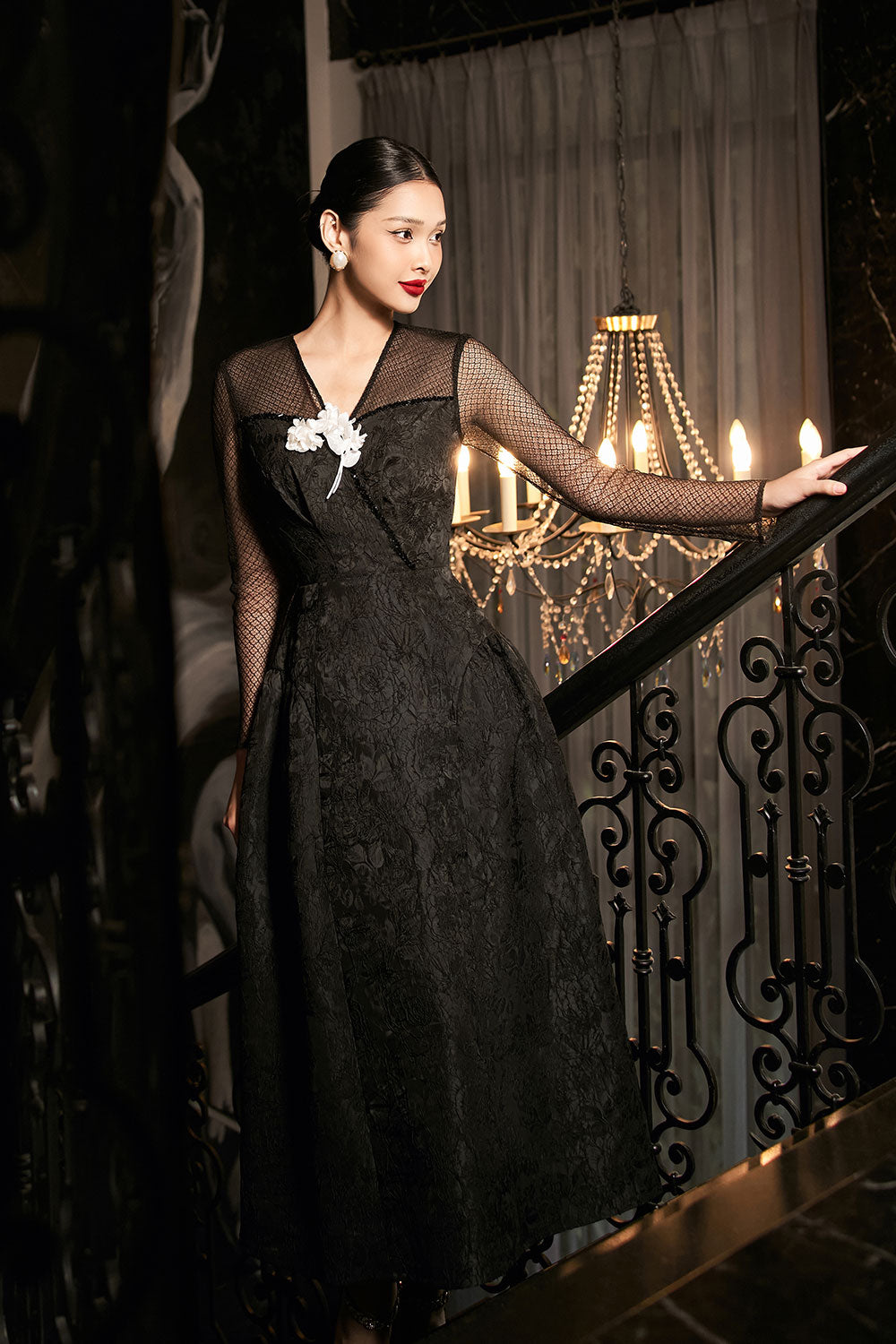 Orchid A-line V-Neck Jacquard Calf Length Dress