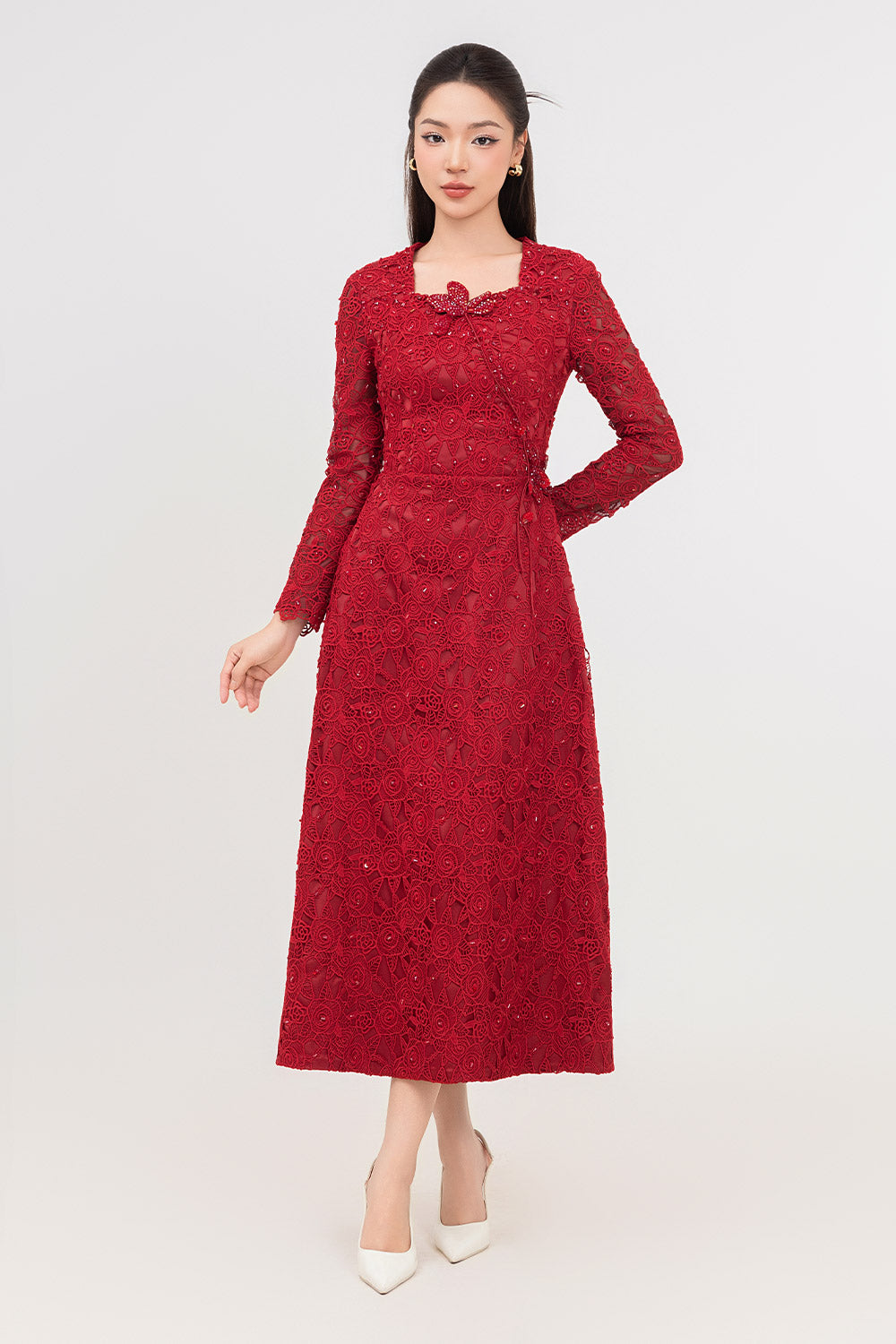 Starlit A-line Square Neck Lace Midi Dress