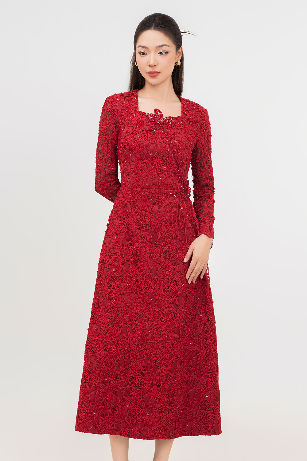 Starlit A-line Square Neck Lace Midi Dress