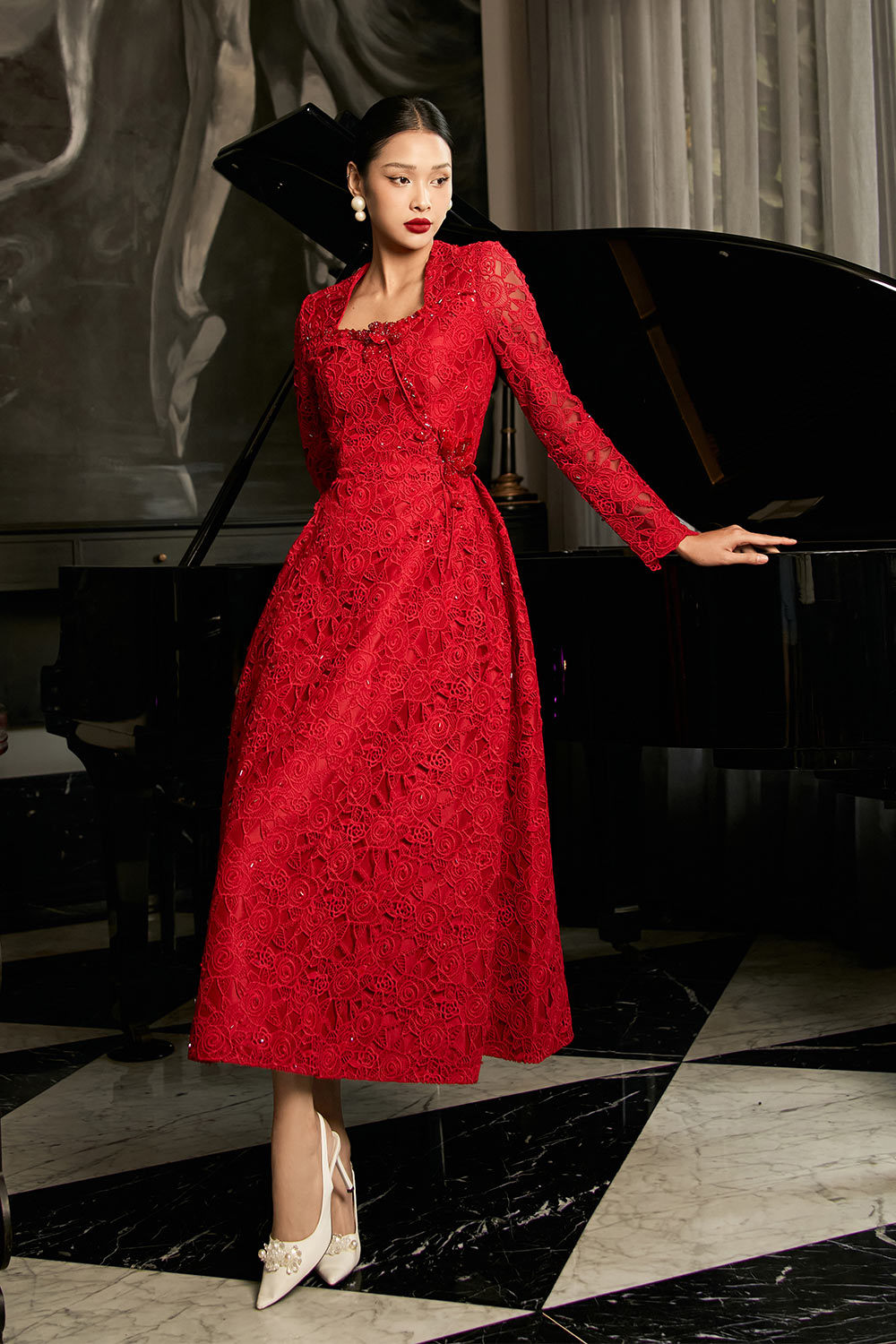 Starlit A-line Square Neck Lace Midi Dress