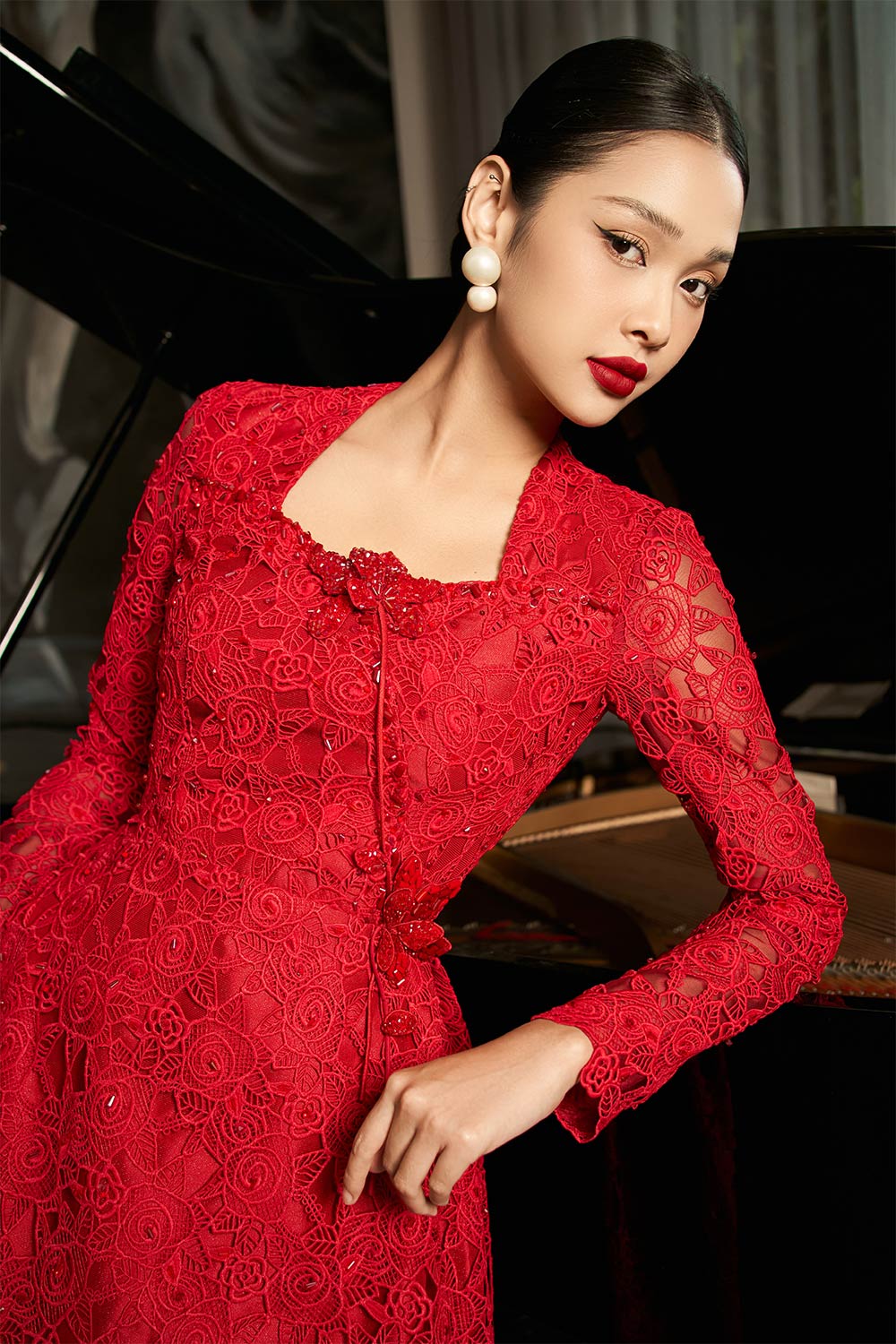 Starlit A-line Square Neck Lace Midi Dress