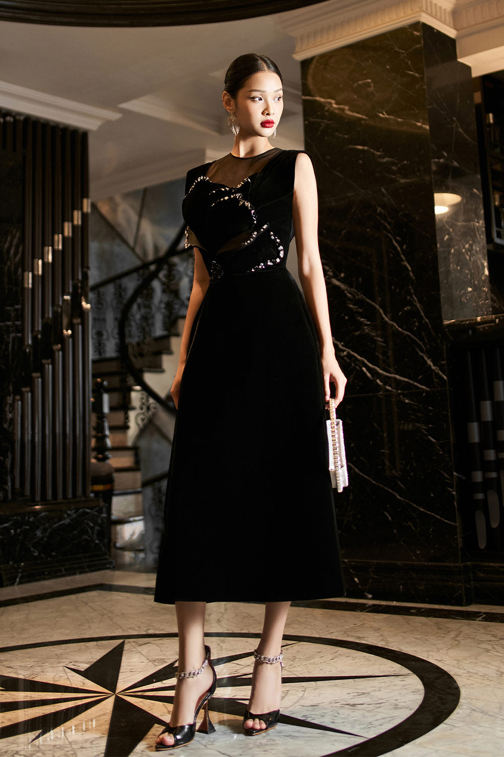 Nora A-line Floral Velvet Midi Dress