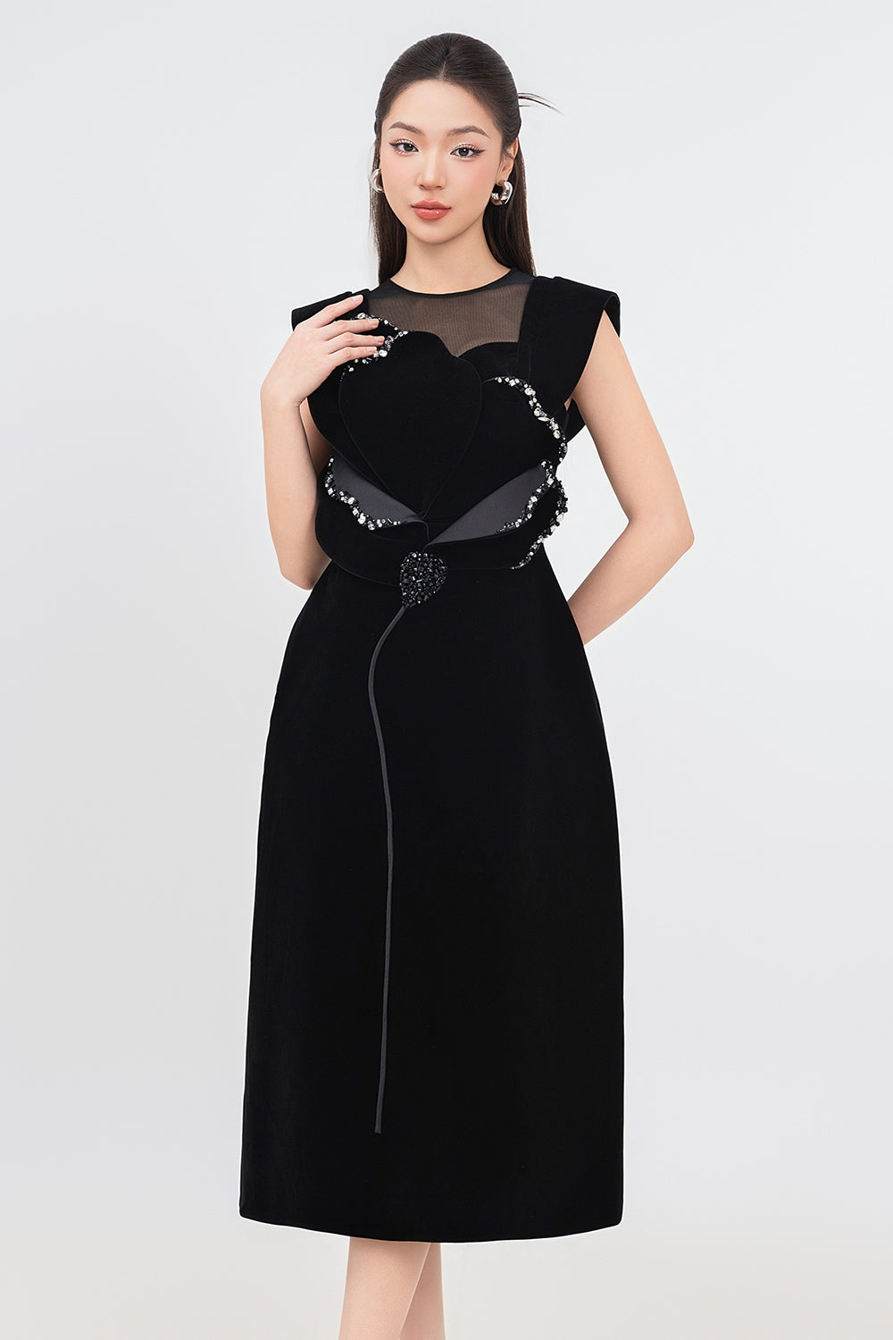 knee length dresses for ladies Simkhai Ferrera Long-Sleeve Floral Velvet Midi Dress, Petrol, Women's, M, Cocktail & Party Wedding Guest Dresses Long-Sleeve Dresses main image 1