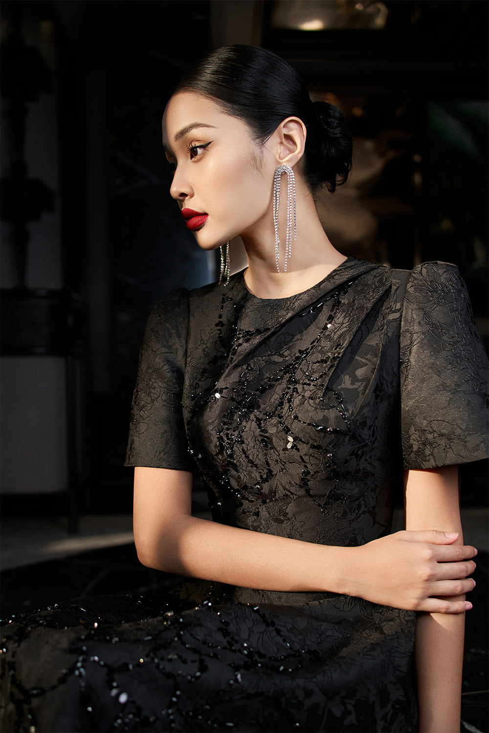 Pearl A-line Bead Jacquard Midi Dress