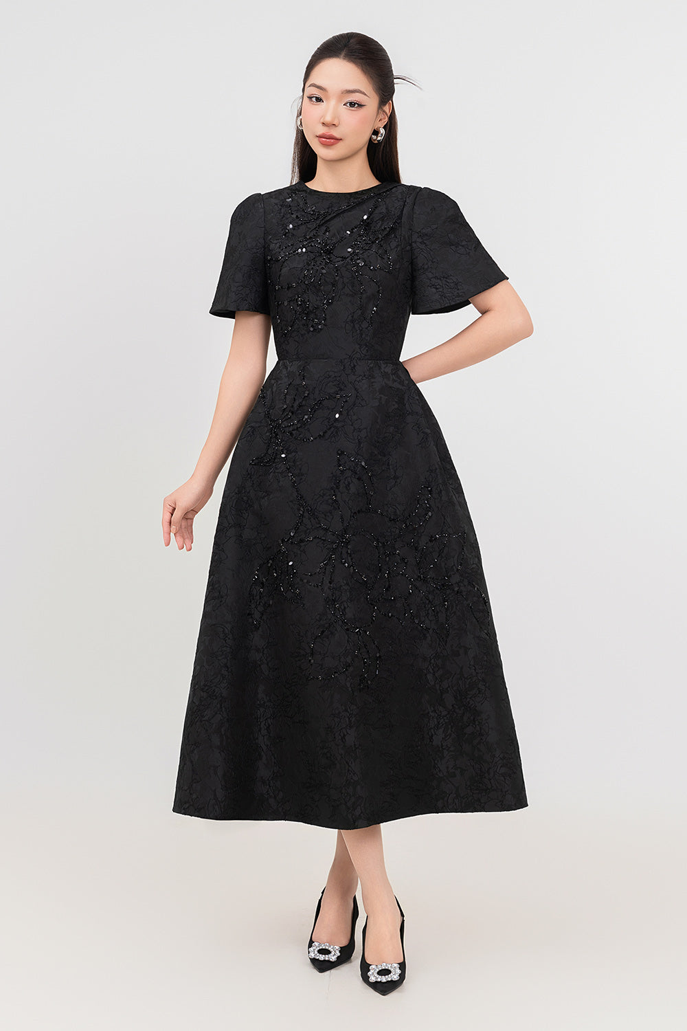 Pearl A-line Bead Jacquard Midi Dress