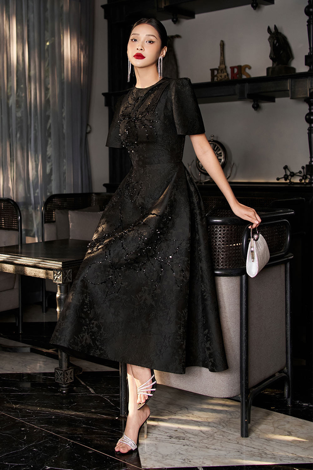 Pearl A-line Bead Jacquard Midi Dress