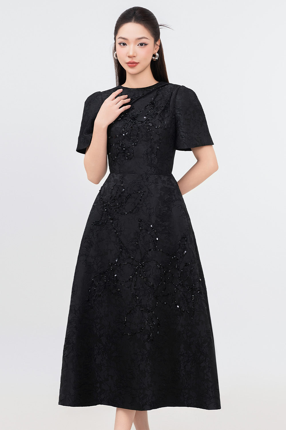 Pearl A-line Bead Jacquard Midi Dress