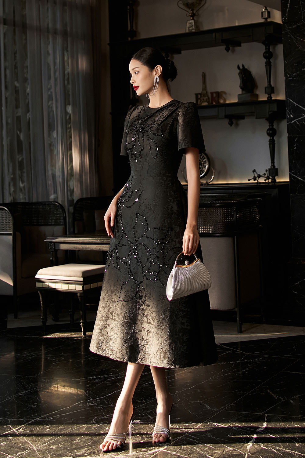 Pearl A-line Bead Jacquard Midi Dress