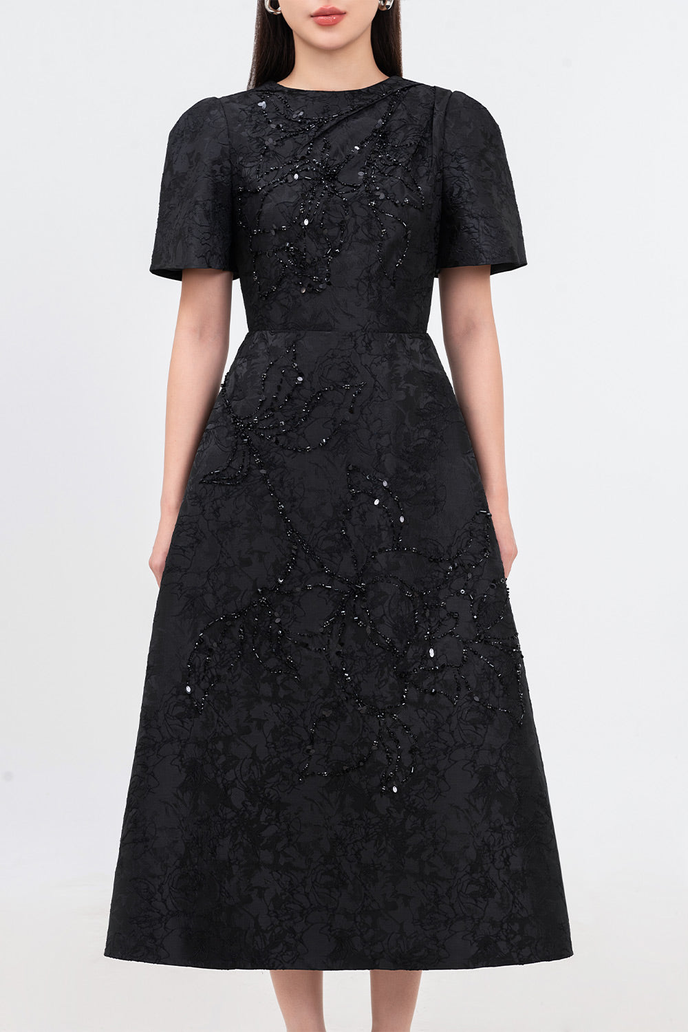 Pearl A-line Bead Jacquard Midi Dress