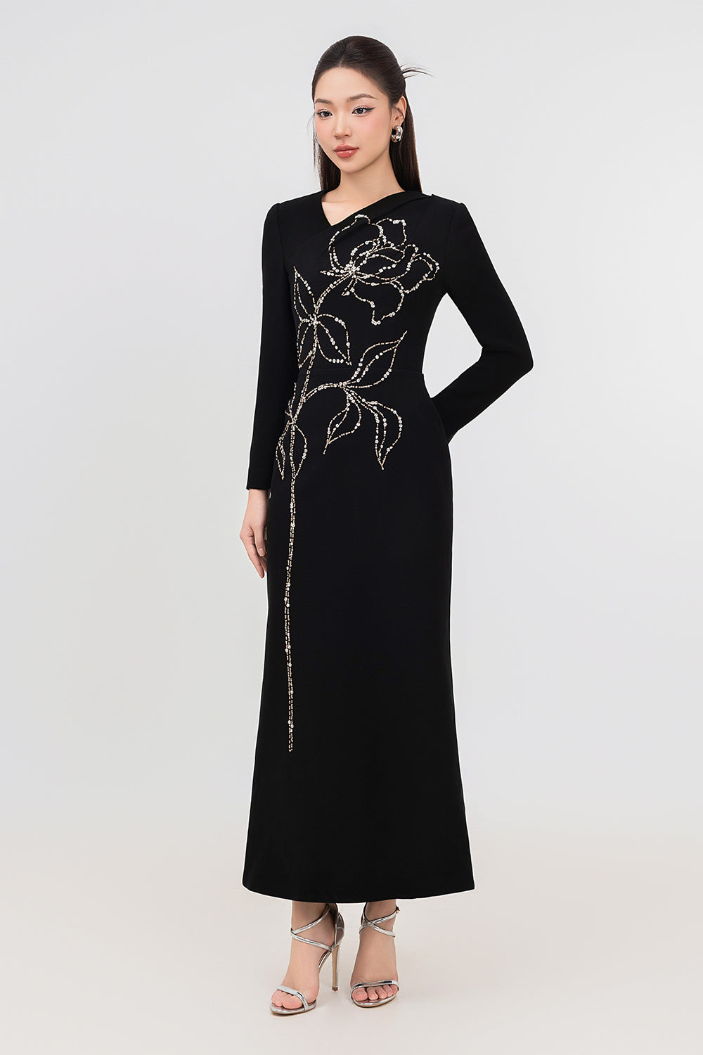 Celeste Trumpet Diagonal Neck Velvet Ankle Length Dress