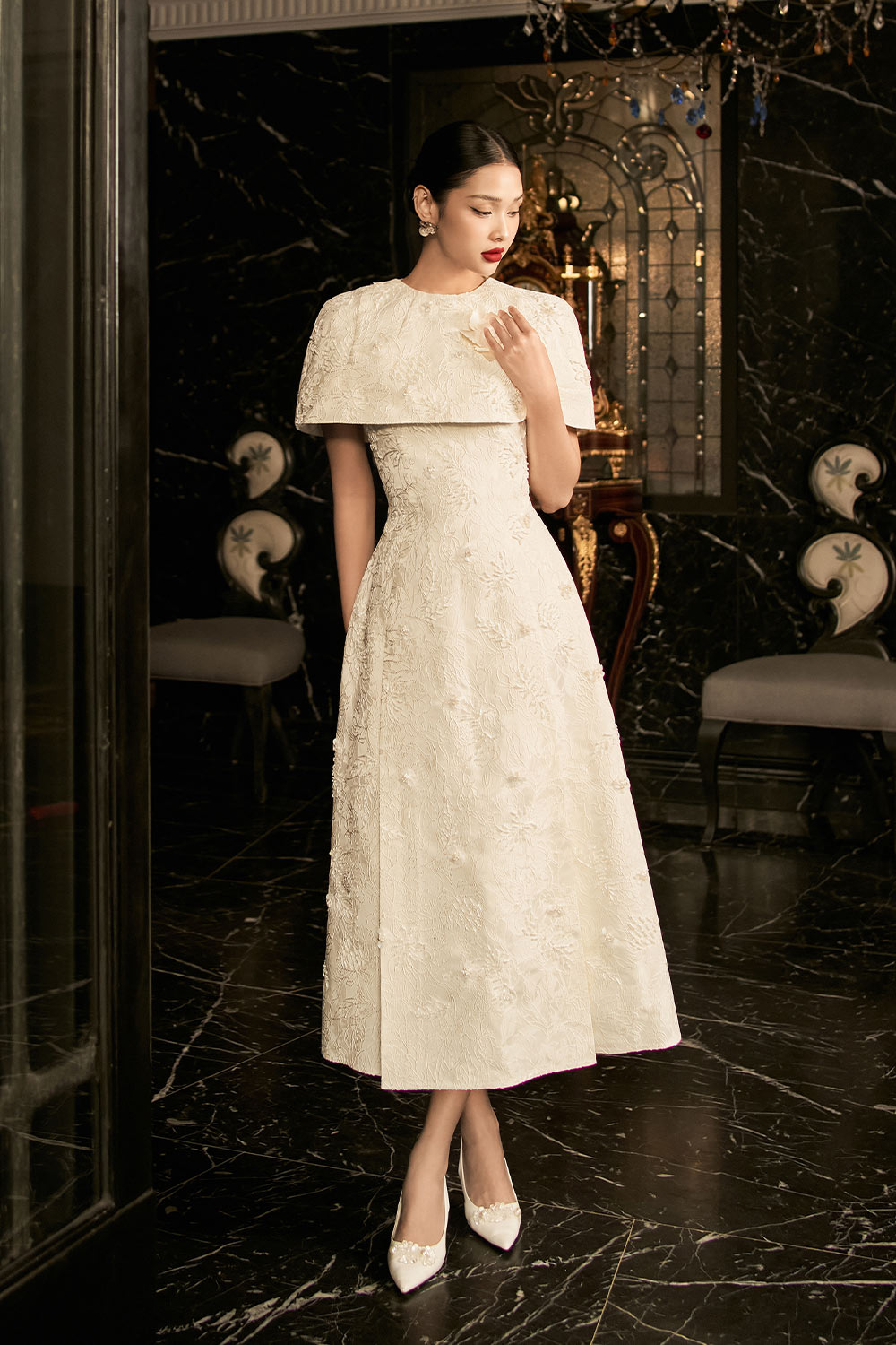 Sophia A-line Cape Shoulder Jacquard Calf Length Dress