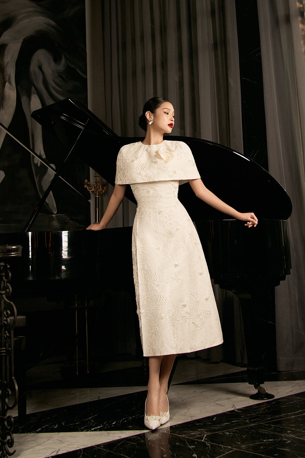 Sophia A-line Cape Shoulder Jacquard Calf Length Dress