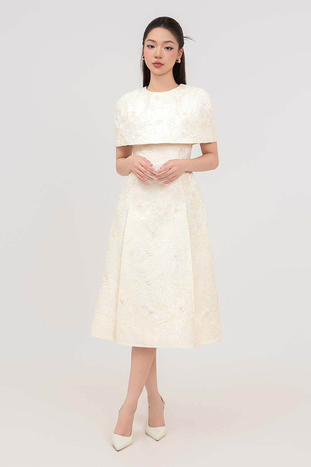 Sophia A-line Cape Shoulder Jacquard Calf Length Dress
