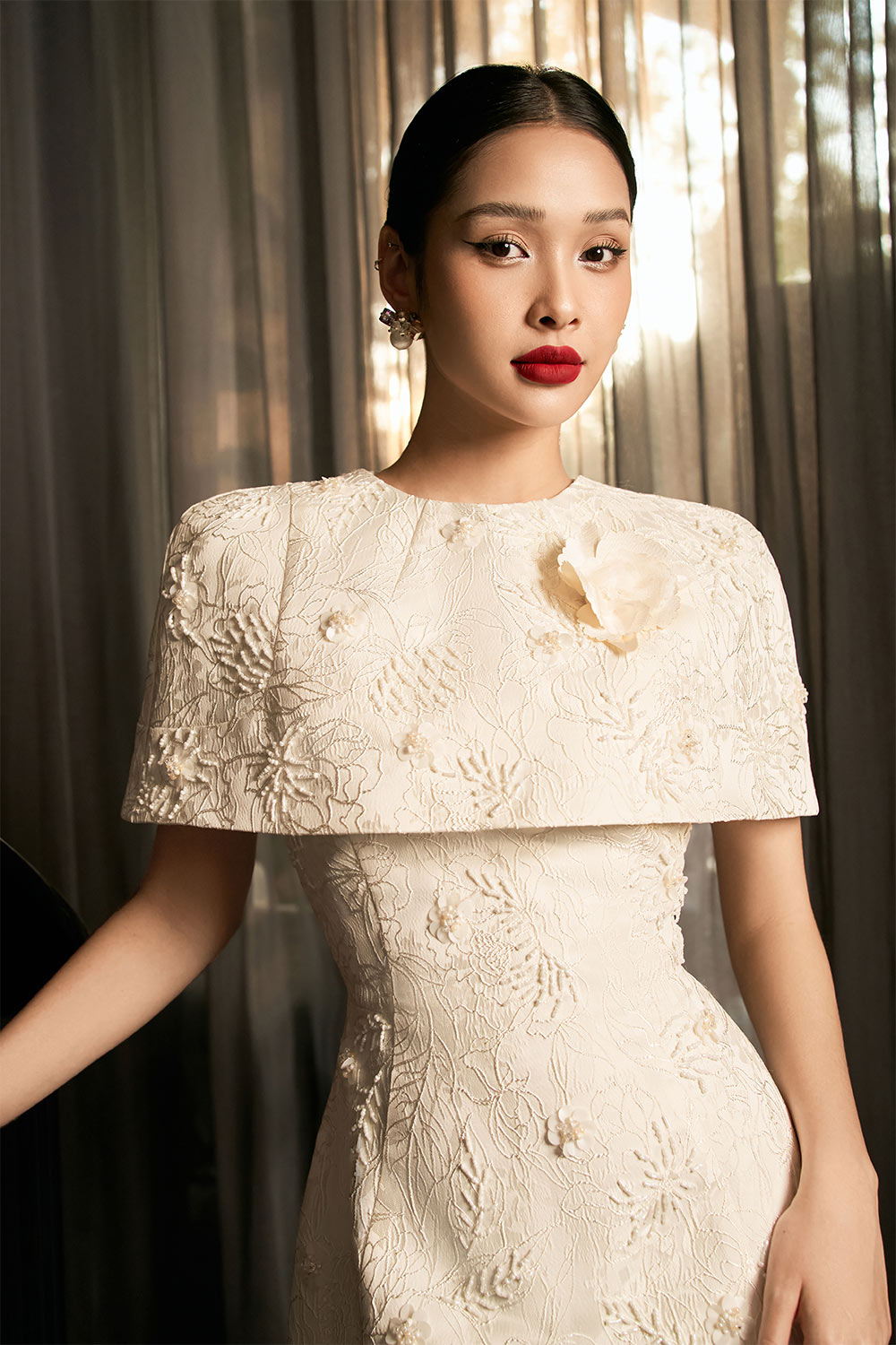 Sophia A-line Cape Shoulder Jacquard Calf Length Dress