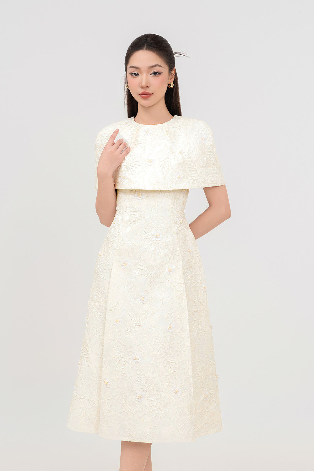 Sophia A-line Cape Shoulder Jacquard Calf Length Dress