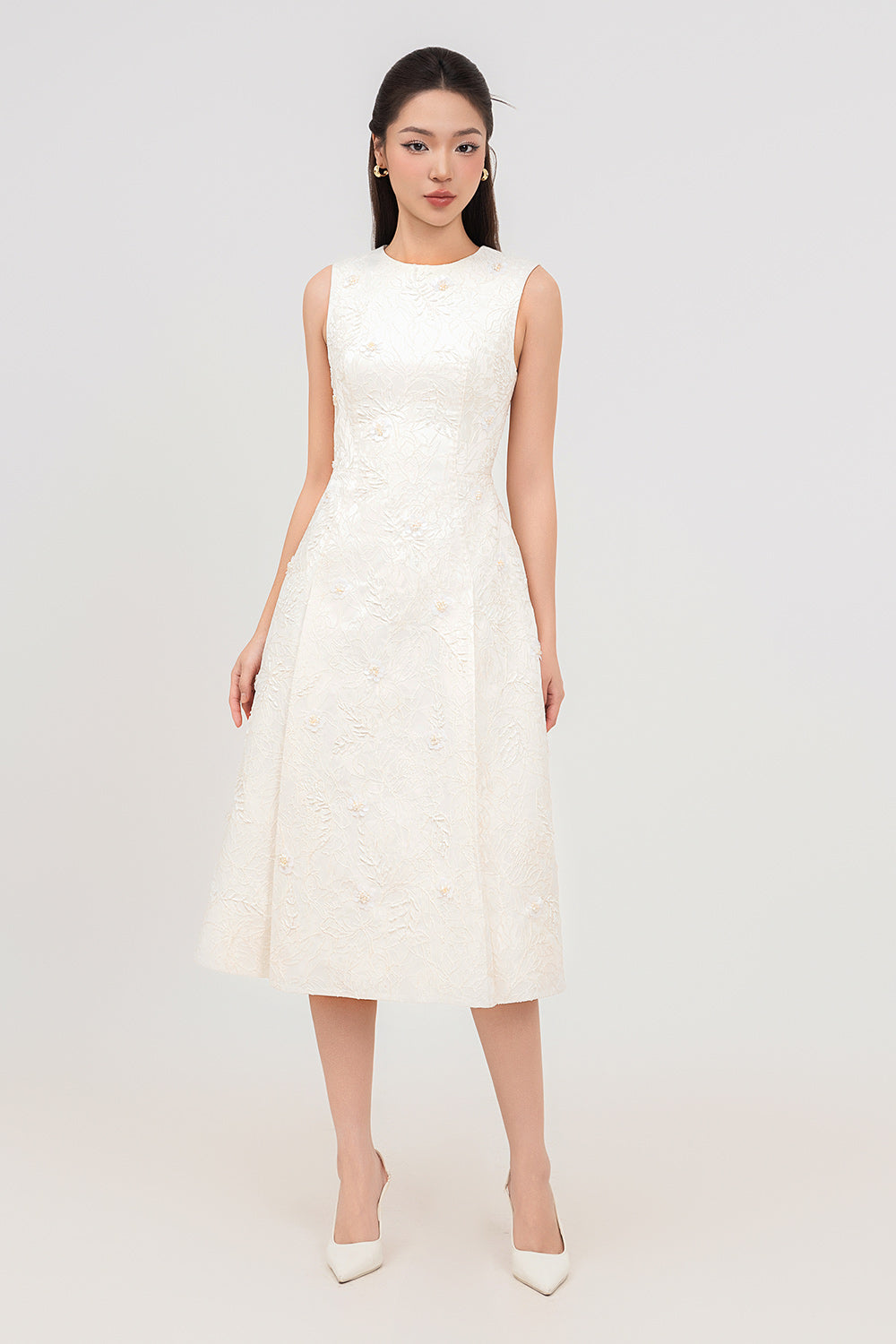 Sophia A-line Cape Shoulder Jacquard Calf Length Dress