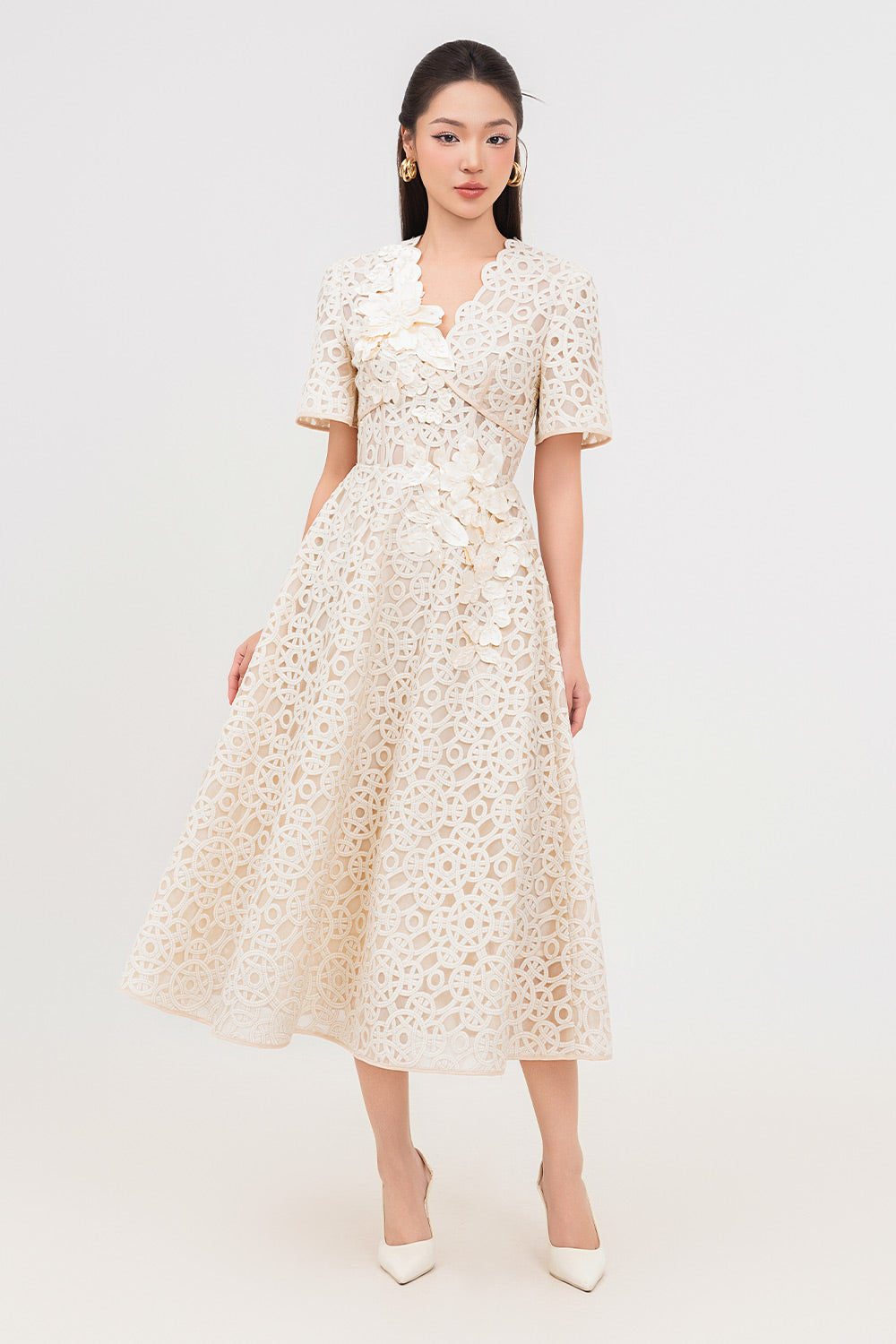 Bethany A-line V-Neck Lace Midi Dress