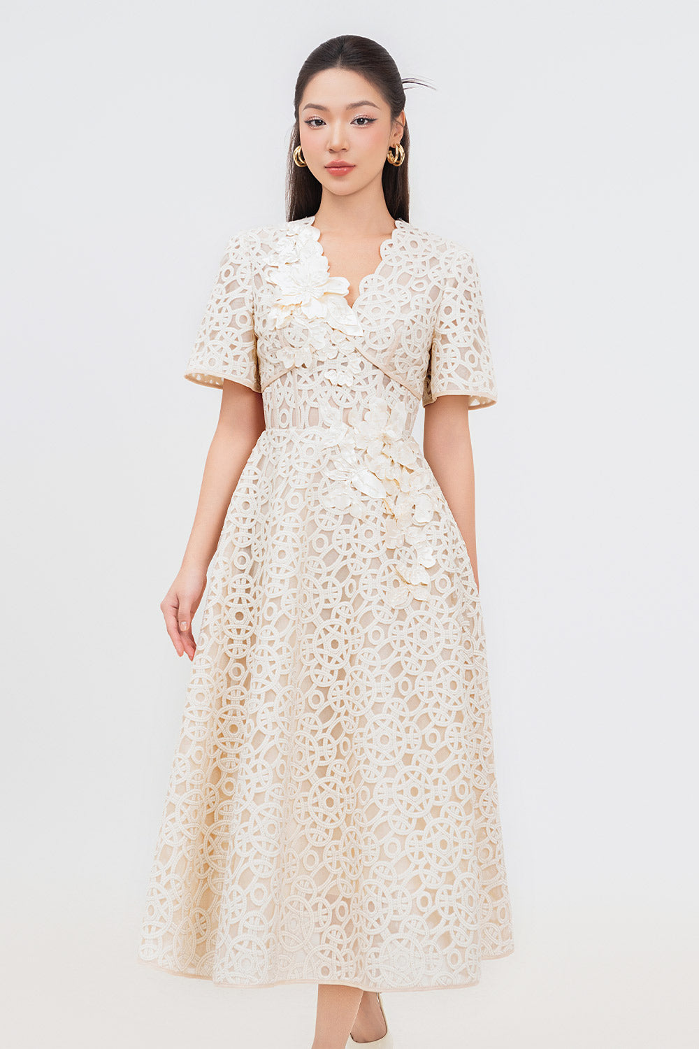 Bethany A-line V-Neck Lace Midi Dress