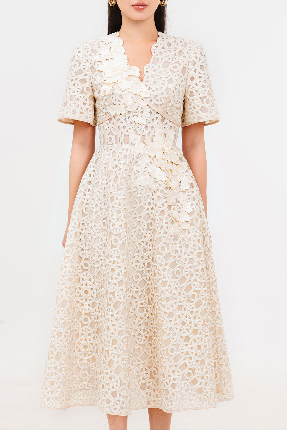 Bethany A-line V-Neck Lace Midi Dress