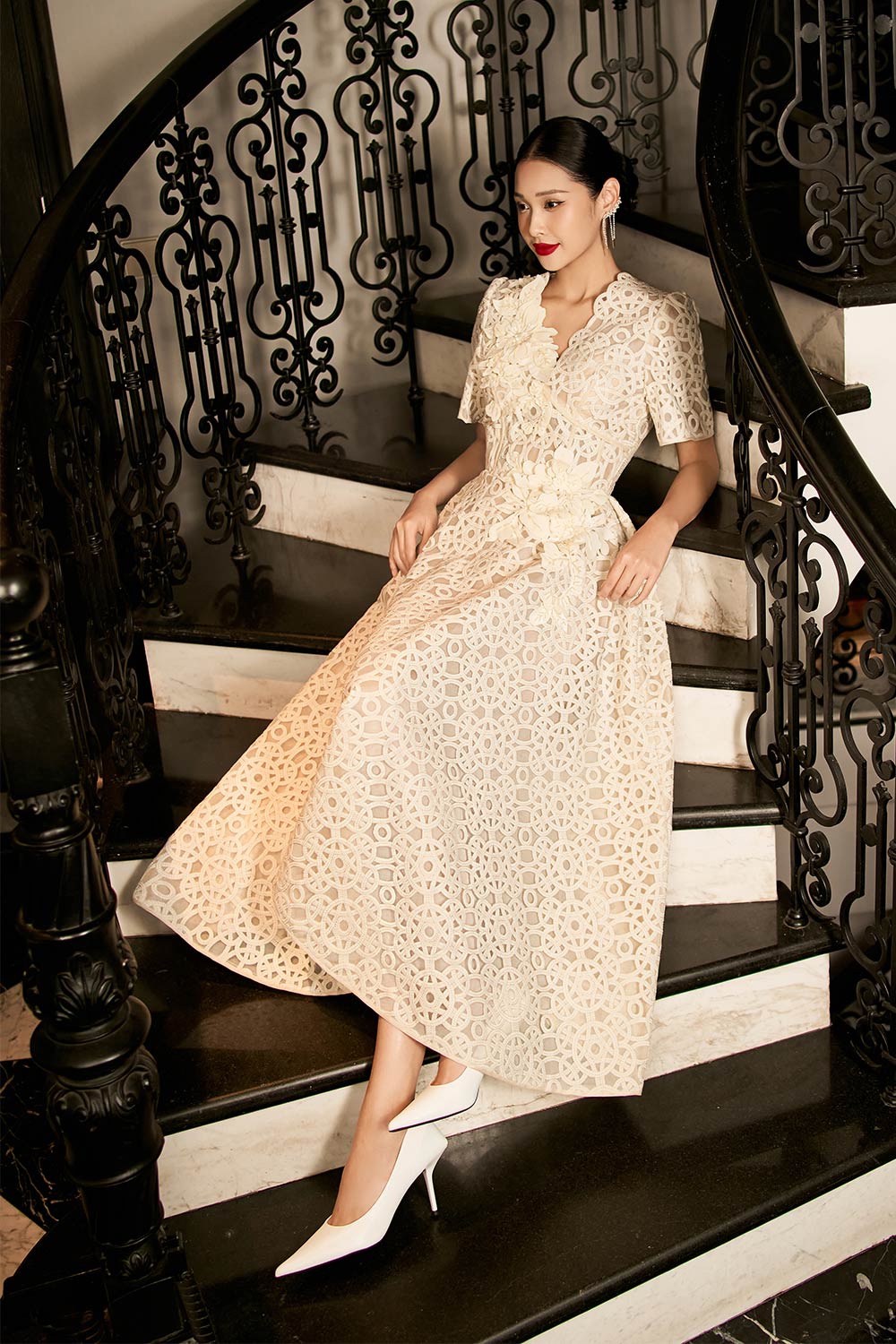 Bethany A-line V-Neck Lace Midi Dress