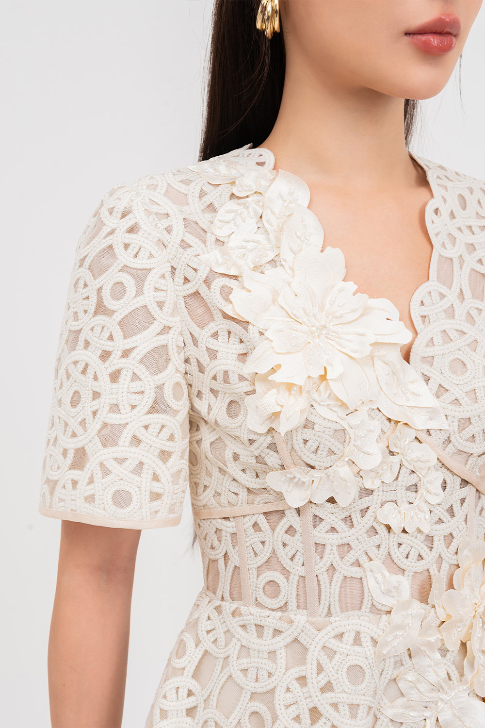 Bethany A-line V-Neck Lace Midi Dress