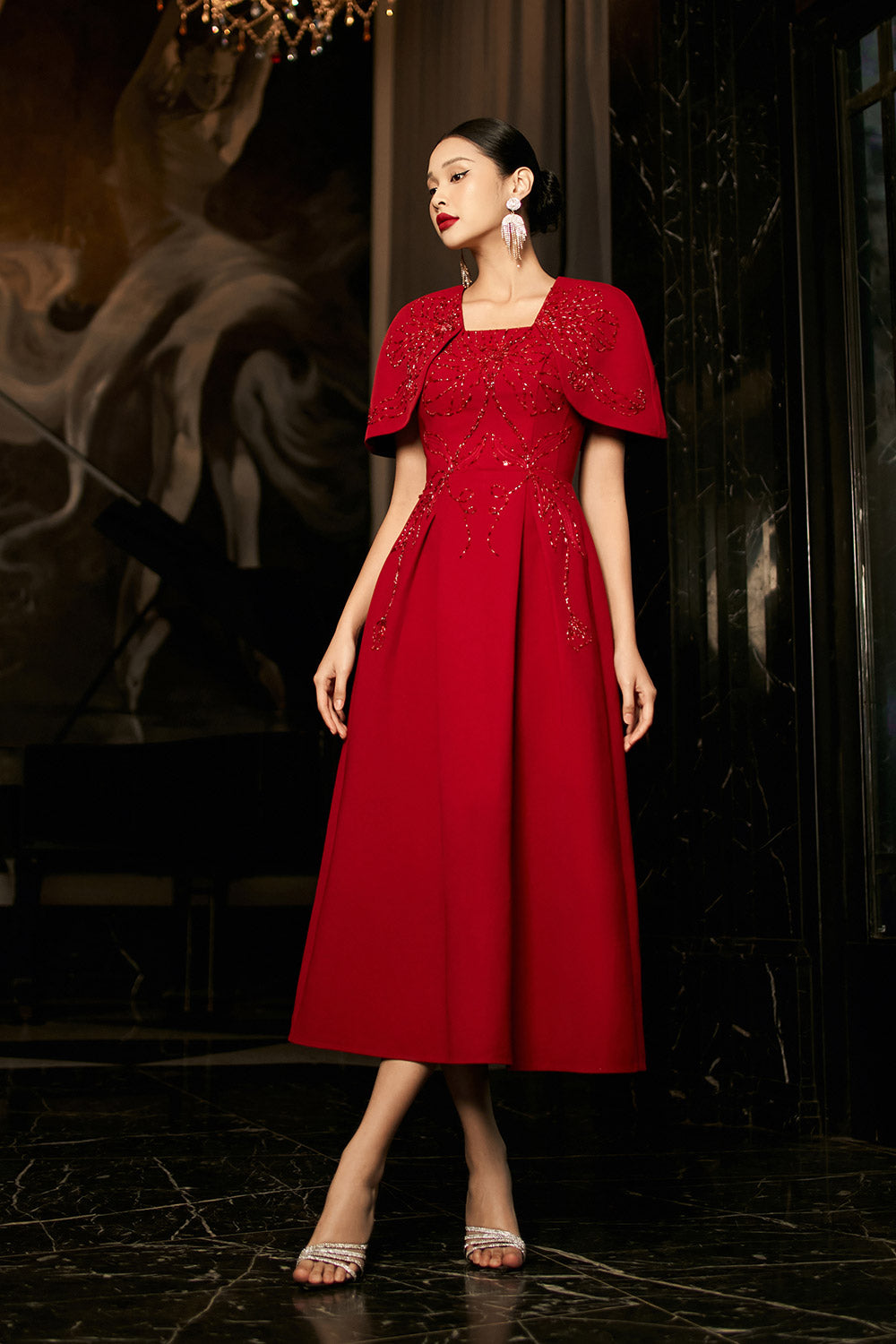 Ruby Gored Cape Sleeved Linen Blend Midi Dress