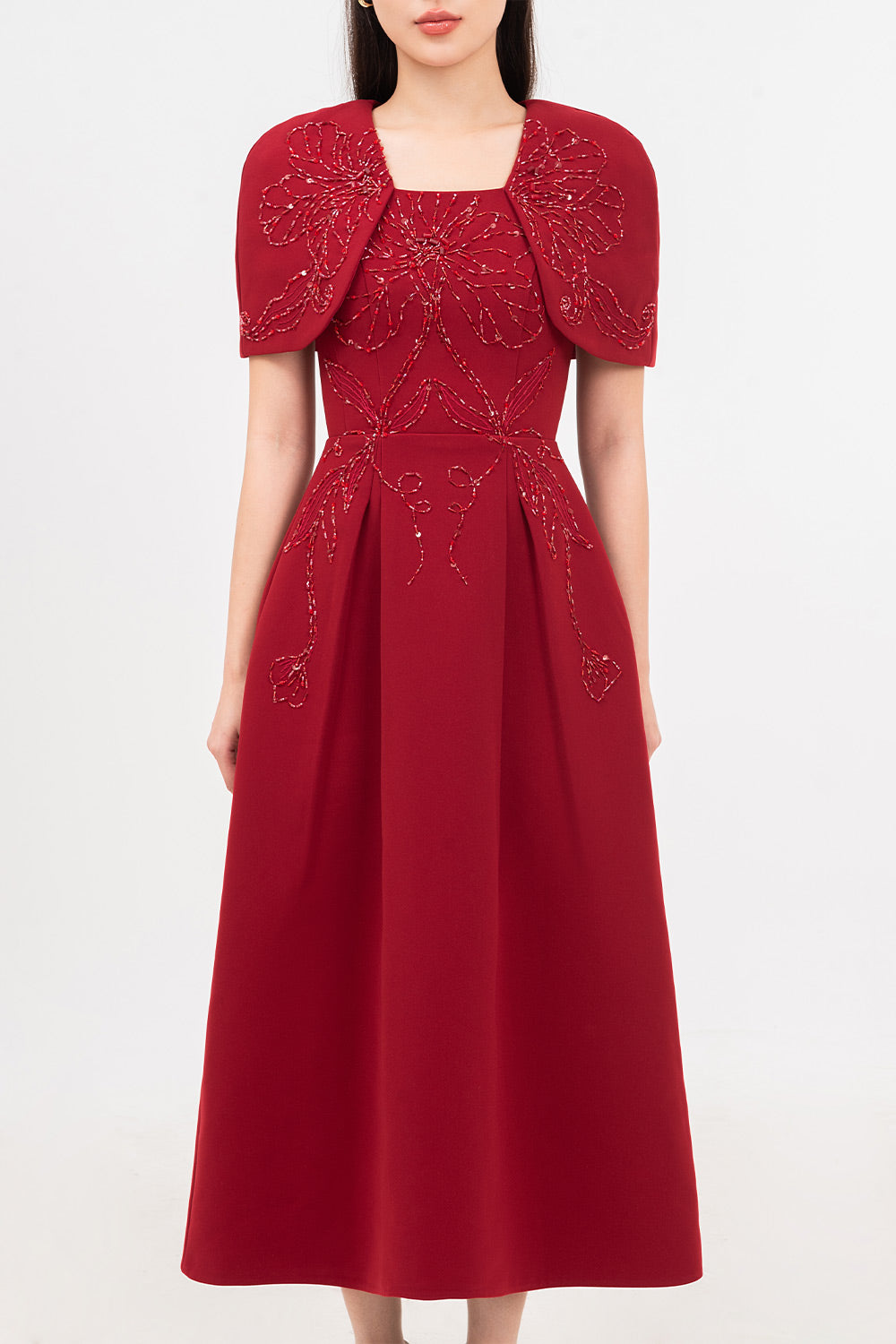 Ruby Gored Cape Sleeved Linen Blend Midi Dress