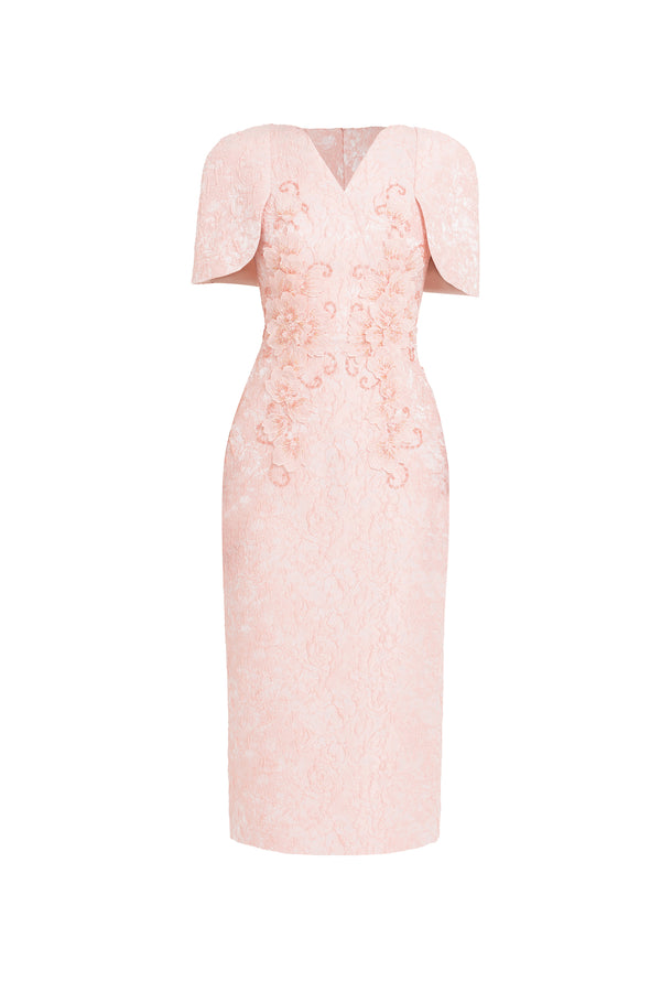 Grace Sheath Cape Sleeved Jacquard Midi Dress