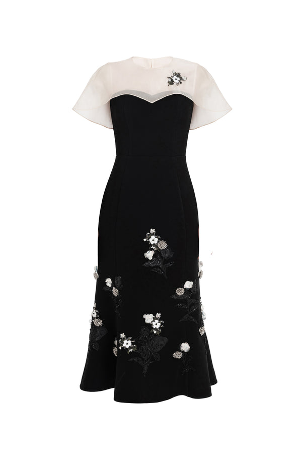 Eclipse Mermaid Cape Shoulder Velvet Midi Dress