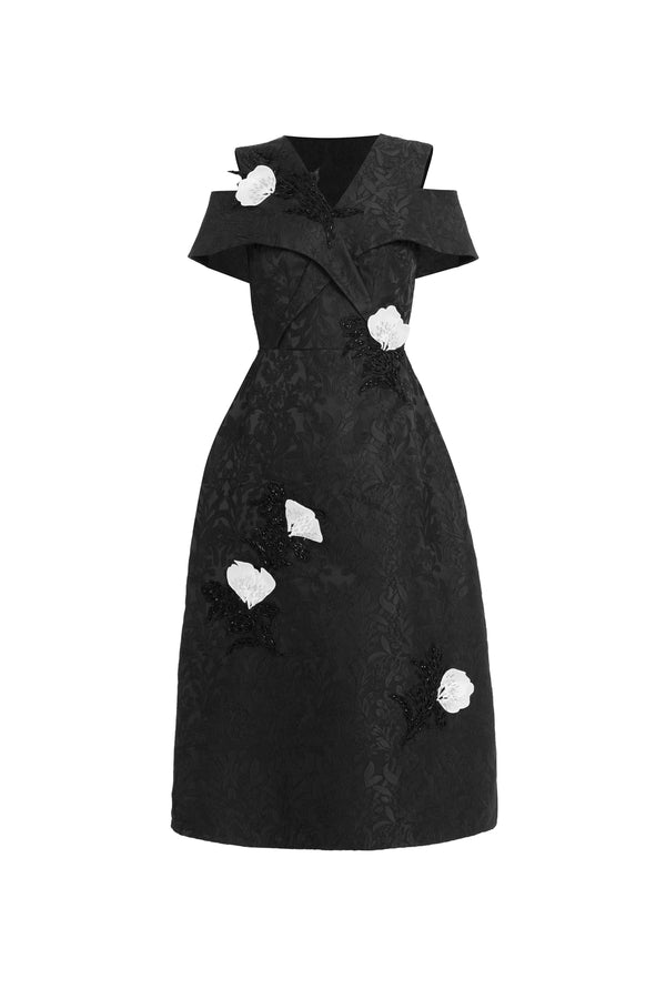 Vera A-line Cold Shoulder Sleeved Jacquard Midi Dress