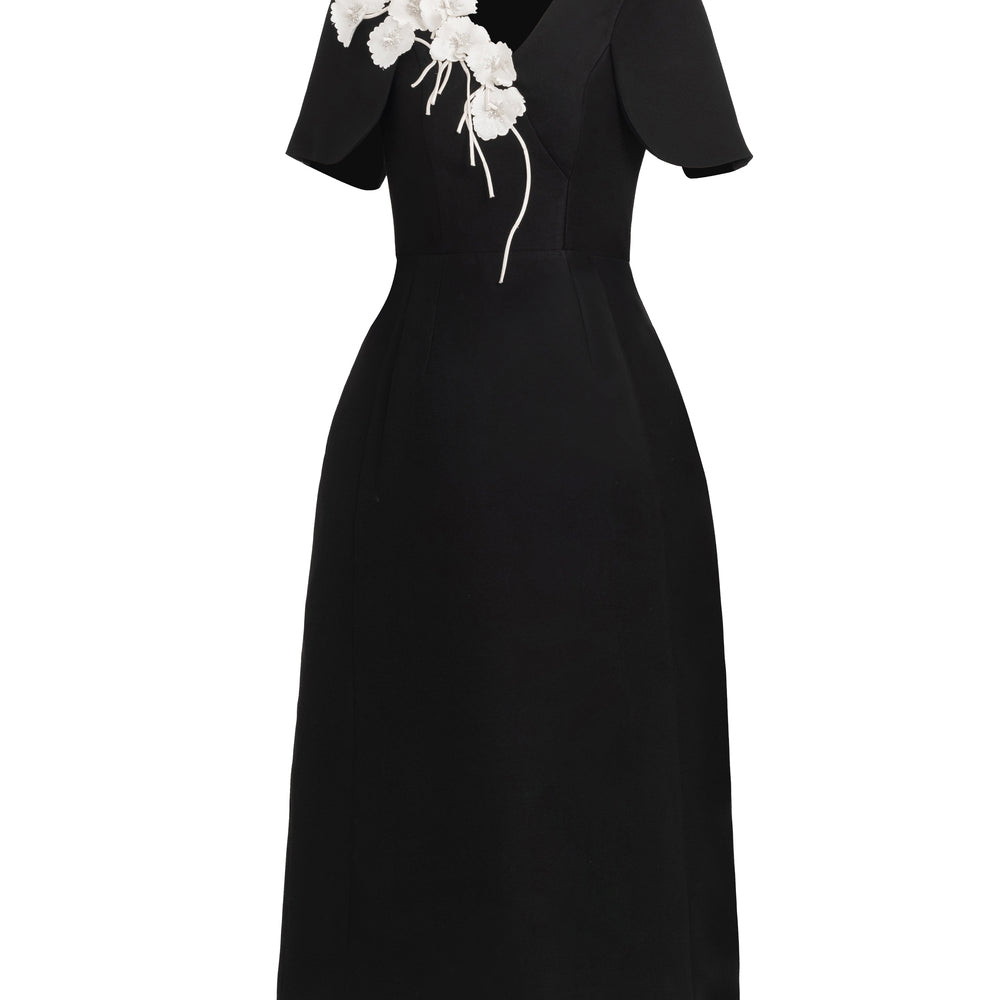 Noir A-line V-Neck Taffeta Midi Dress