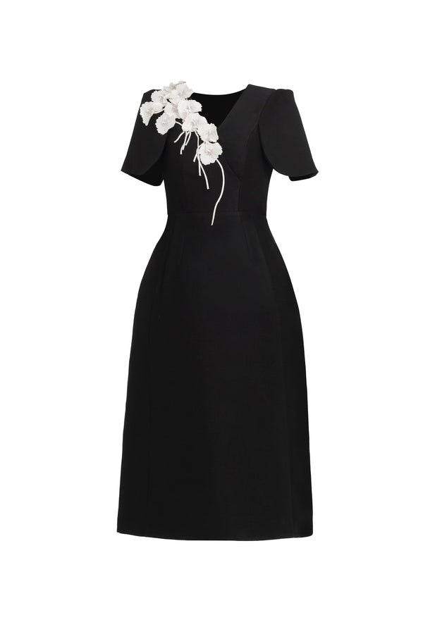 Noir A-line V-Neck Taffeta Midi Dress