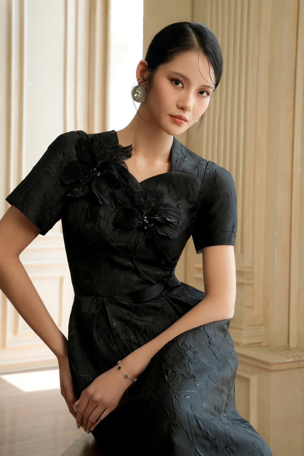 Noa A-line Curved Neck Jacquard Midi Dress