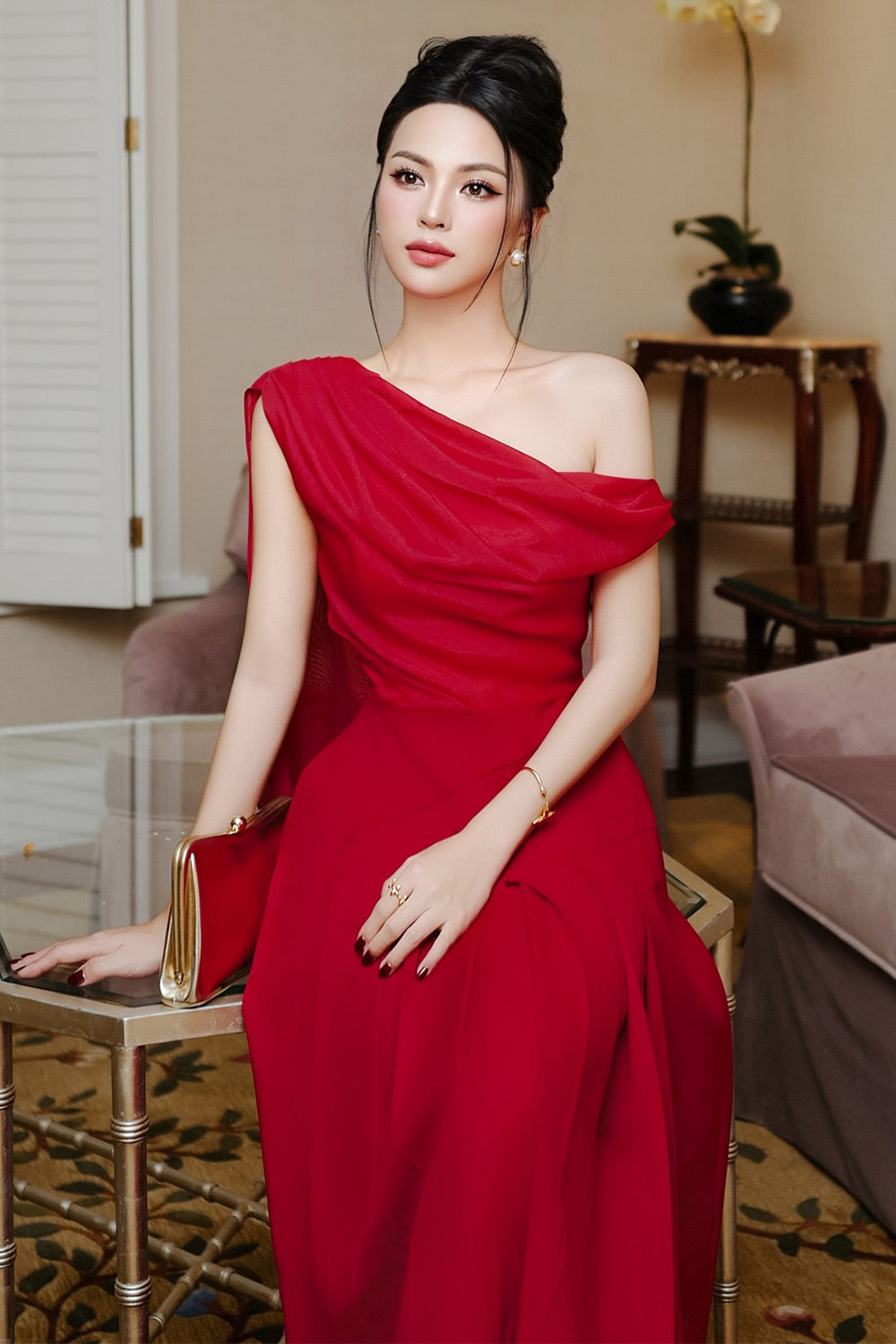 Hazel Pleated Asymmetric Sleeved Organza Voile Midi Dress