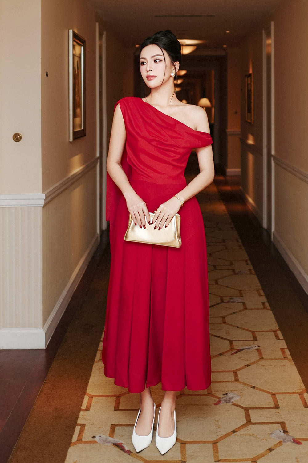 Hazel Pleated Asymmetric Sleeved Organza Voile Midi Dress