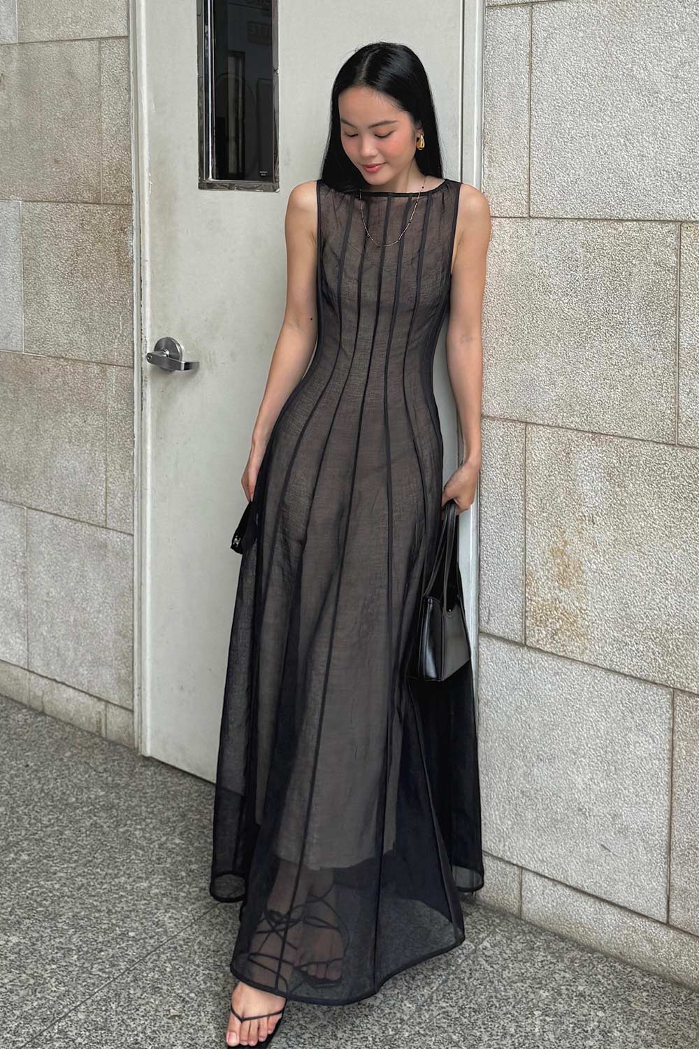 Women's Virginia A-Line Ribbed Organza Maxi Dress S/M/L/Customize Cream/Black Mean Blvd Black / M Women's Virginia A-Line Ribbed Organza Maxi Dress S/M/L/Customize Cream/Black Mean Blvd Black / M