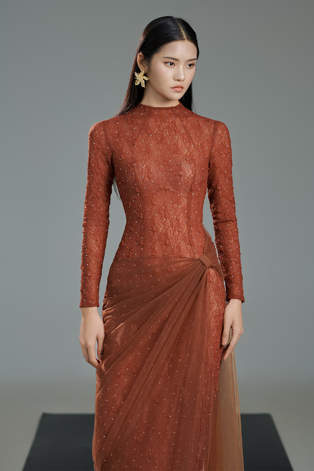 Women's Lylah Sheath Mock Neck Polyester Ankle Length Dress  XXS/XS/S/M/L/XL/XXL/3XL/Customize Brown/Red MEAN BLVD