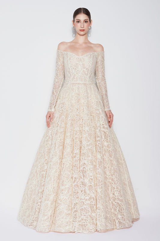 Ethereal Blossom Ball Gown Long Sleeved Lace Floor Length Dress