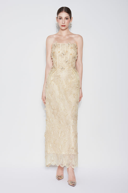 Butterfly Reverie Strapless Embroidered Lace Maxi Dress