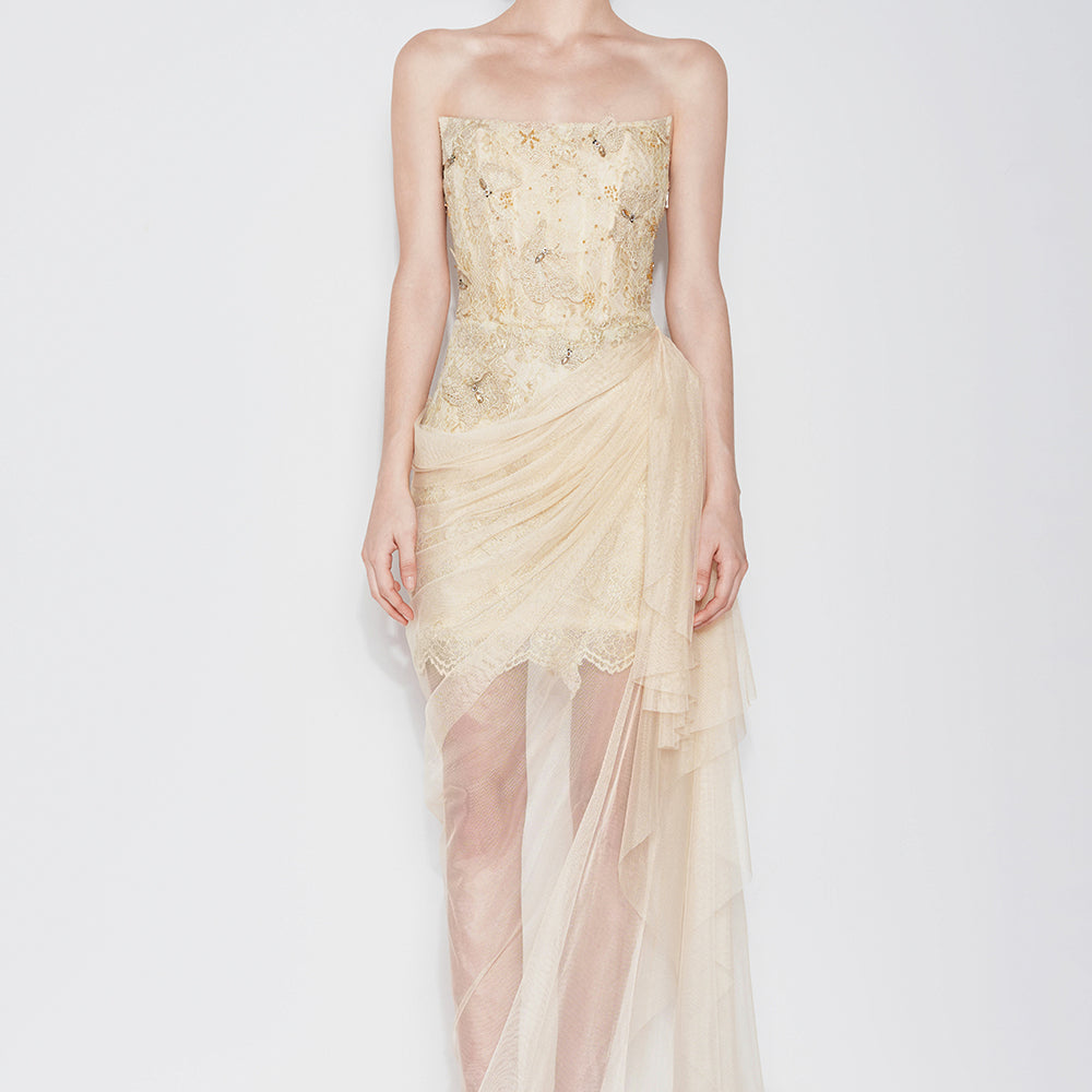 Butterfly Reverie Sarong Semi-Heart Neck Lace Floor Length Dress