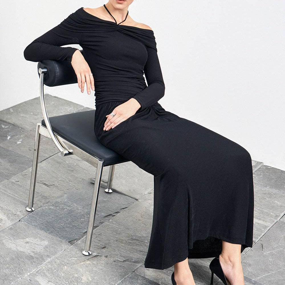 Minerva A-line Gathered Rib Knit Ankle Length Dress