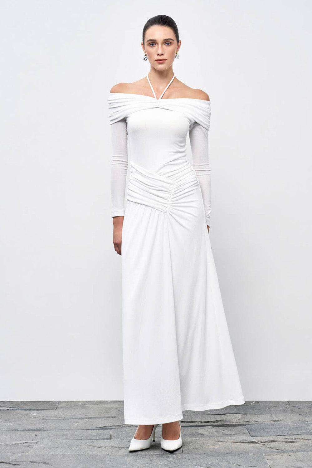 Minerva A-line Gathered Rib Knit Ankle Length Dress