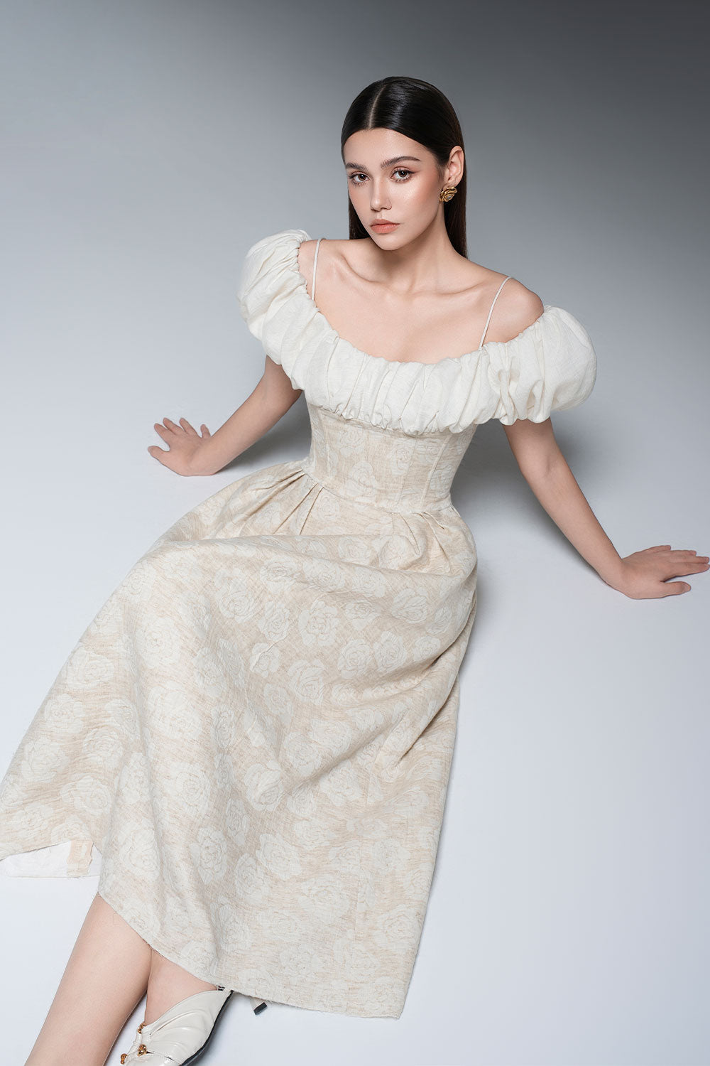 Women's Evelyn A-line Corset Waist Linen Midi Dress S/M/L/XL/Customize Beige Floral MEAN BLVD S / Beige / Floral Women's Evelyn A-line Corset Waist Linen Midi Dress S/M/L/XL/Customize Beige Floral MEAN BLVD S / Beige / Floral