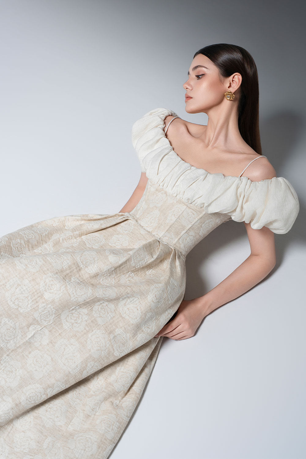 Women's Evelyn A-line Corset Waist Linen Midi Dress S/M/L/XL/Customize Beige Floral MEAN BLVD S / Beige / Floral Women's Evelyn A-line Corset Waist Linen Midi Dress S/M/L/XL/Customize Beige Floral MEAN BLVD S / Beige / Floral