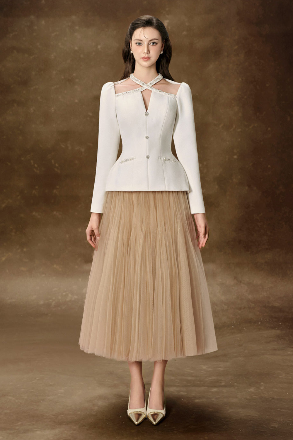 Gemma Gathered Flared Tulle Midi Skirt