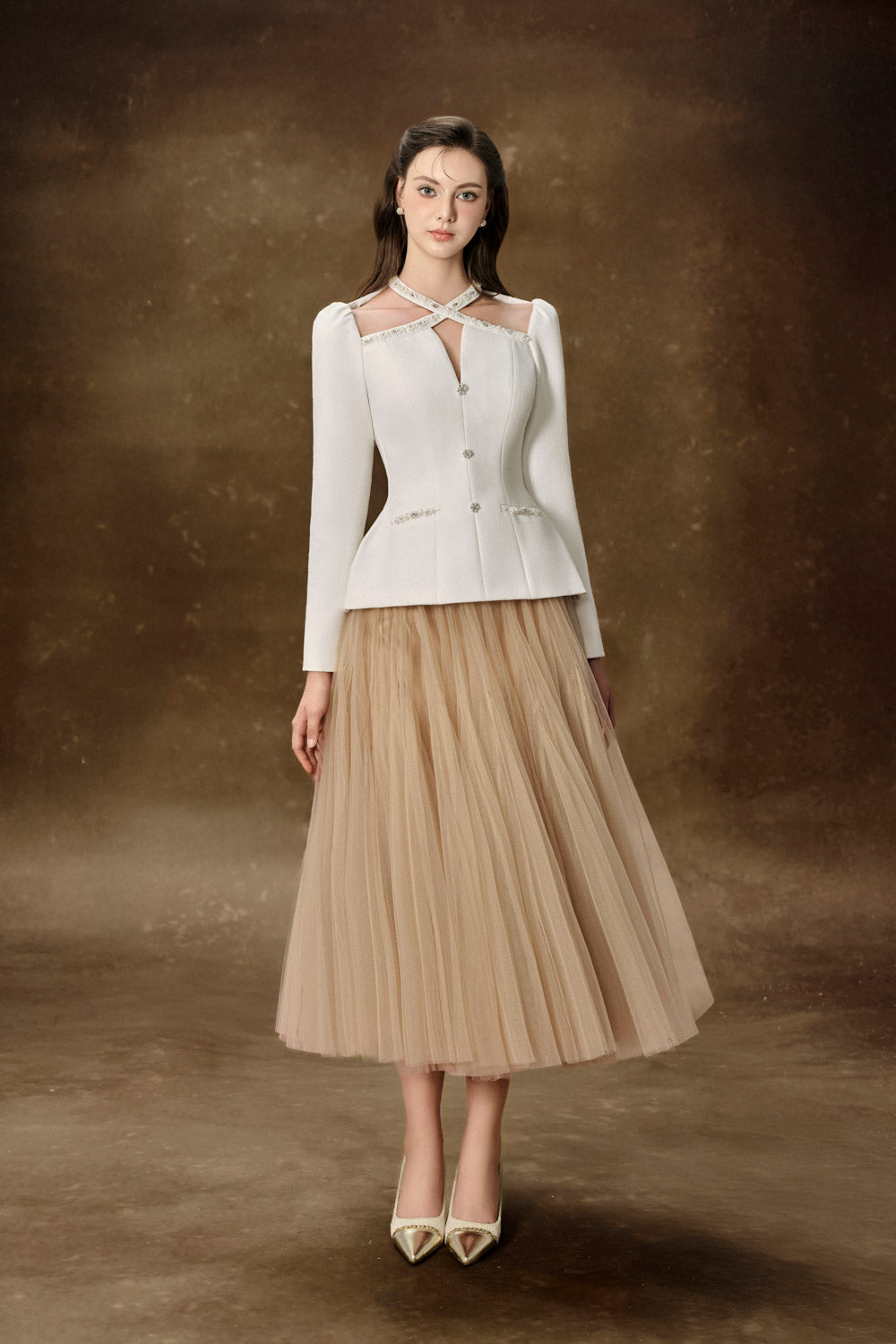 Gemma Gathered Flared Tulle Midi Skirt